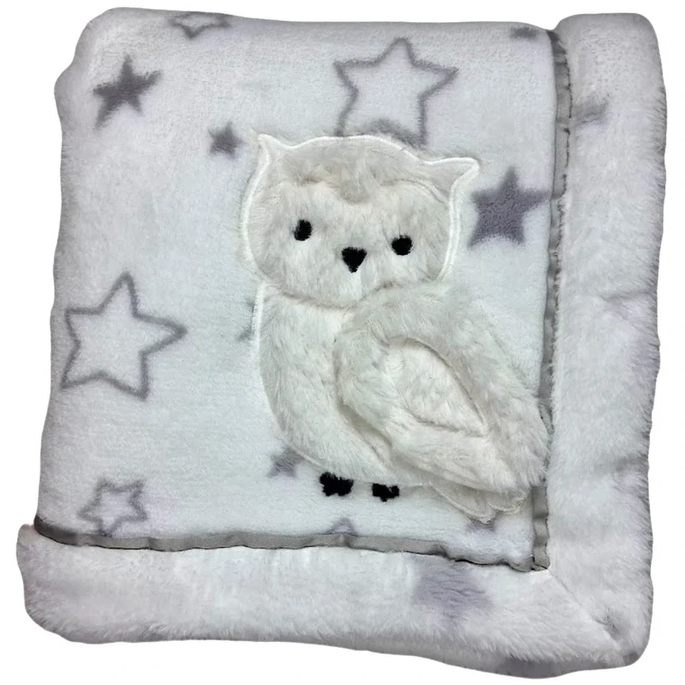 Lambs & Ivy White Gray Star Owl Baby Blanket Plush Soft 30x40 Silver Unisex